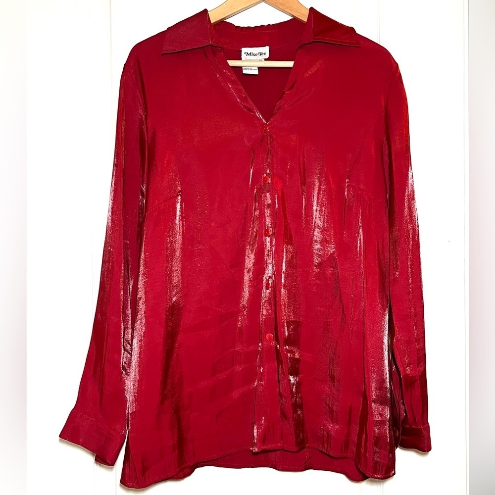VTG Miss Tee Jewel Tone Button Down Long Sleeve Blouse Size 14 Shiny Classic 90s